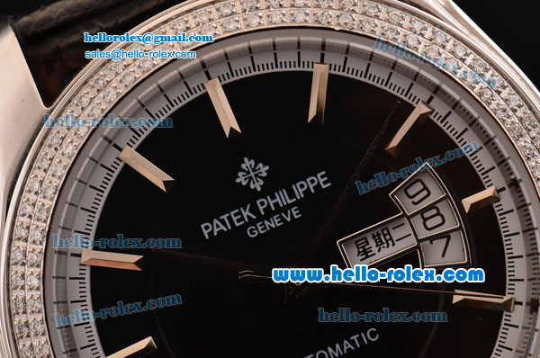 Patek Philippe Calatrava Swiss ETA 2824 Automatic Steel Case Diamond Bezel with Black Leather Strap Black Dial Stick Markers - Click Image to Close